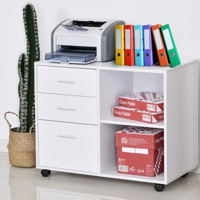 HOMCOM Armário de Escritório para Impressora Multifuncional com 3 Gavetas Prateleira Ajustável e Rodas 80x40x65cm Branco