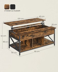 Mesa de centro 60 x 120 x (48-62) cm com altura ajustável e espaço de arrumação sob o tampo, castanho vintage-preto