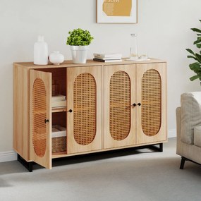 Aparador com 4 portas em rattan 126 x 40 x 81 cm, prateleiras ajustáveis, pés metálicos e 2 dispositivos anti-tombamento para sala de jantar, cozinha