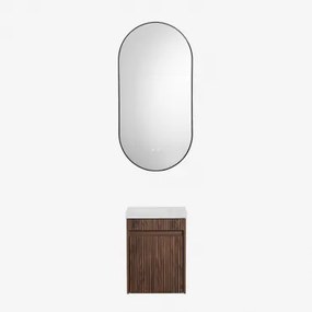 Conjunto De Móvel De Casa De Banho Suspenso Em Madeira Com Lavatório Integrado Narek Sem Torneira & Madeira Escura & Ovale Led E Antifog Preto 50x100