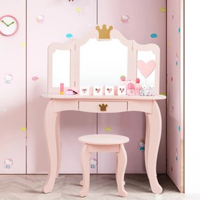 Conjunto Toucador e cadeira para Meninas com gaveta e espelho em 3 partes 80 x 42 x 106 cm Rosa