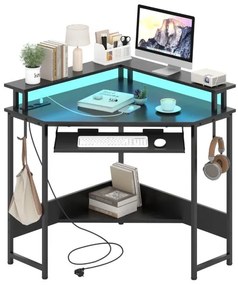 Secretária de canto com estação de carregamento e LED 80 x 80 x 88 cm, bandeja para teclado e suporte para monitor, mesa de gaming preta