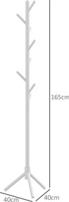Cabide de Pé de Madeira com 8 Ganchos para Pendurar Roupa e Bolsas para Corredor Entrada 40x40x165 cm Branco