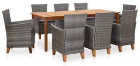 vidaXL 9 pcs conjunto jantar vime PE madeira acácia maciça cinzento