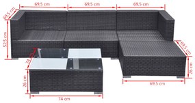5 pcs conjunto lounge de jardim c/ almofadões vime PE preto