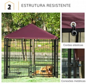 Canil para Cães com 8 Painéis 2 Suportes Giratórios para Comida 2 Tigelas e Toldo Impermeável 141x141x153 cm Preto e Vermelho