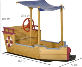 Caixa de areia em forma de barco pirata em madeira - Tela de sombra, baú de arrumação, leme - Madeira de abeto pré-oleada 160x70x103 cm