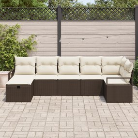 Conjunto de Sofá de Jardim de 7 Peças com Almofadas Castanho Vime PE