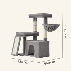 Arranhador para gatos com caverna 92,5 x 58,9 x 85,8 cm, árvore para gatos com rampa e cesto, 2 plataformas grandes cinzento claro