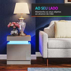 Mesa de Cabeceira com Luz LED Painel de Alto Brilho 2 Gavetas e Controlo Remoto para Dormitório 45x35x52 cm Cinzento