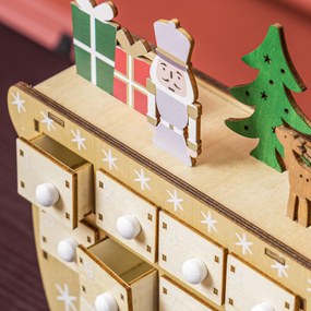 Calendário do Advento de Madeira com 24 Gavetas Decorado com Pai Natal no Trenó Decoração de Natal 22,5x8x36 cm Madeira
