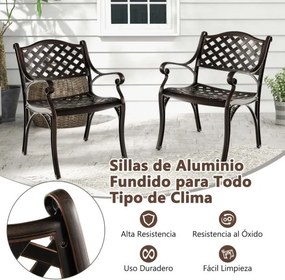 Conjunto de 2 cadeiras de jardim em alumínio fundido com apoio braços e assentos curvos Cadeiras de bistrô em metal 60 x 56,5 x 82 cm Bronze