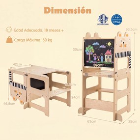 Torre de Aprendizagem Infantil 3 em 1, 63 x 39 x 93,5 cm, Convertível em Secretária e Banco, Natural