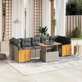 8 pcs conjunto sofás de jardim c/ almofadões vime PE cinzento