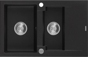Mexen Gaspar lava-louça de granito com 1,5 cubas e escorredor 737 x 475 mm, preto, sifão cromado - 6507731505-77