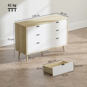 Cómoda 6 Gavetas 110x40x75 cm Quarto com Pernas de Madeira Estilo Moderno  Branco Brilhante e Carvalho