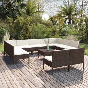 vidaXL 12 pcs conjunto lounge jardim c/ almofadões vime PE castanho