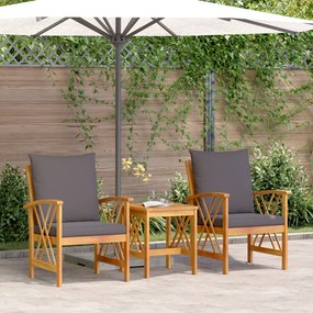 Conjunto de Lounges de Jardim em 3 Peças com Almofadas em Madeira de Acácia Sólida
