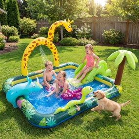 Piscina insuflável  208 x 178 x 138 cm infantil com escorrega, chuveiro em forma de girafa e jogo de aros, com tema de animais da selva, centro de jog