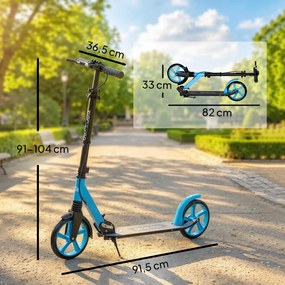 Trotinete Dobrável com Guiador Ajustável Rodas Grandes de 200 mm Amortecimento e Travão Carga Máxima de 100 kg 91,5 x 36,5 x 91-104 cm Azul