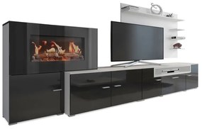 Mobiliário de sala de jantar com lareira eléctrica com 5 níveis de chama, branco mate e acabamento lacado preto brilhante, medidas: 290x170x45cm de pr