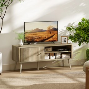 Móvel de TV para Televisão até 55 Polegadas com Porta Acanalada Prateleira Ajustável Compartimentos Abertos 115x35x49 cm cor  Carvalho