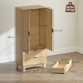 Guarda roupa de quarto 80 x 50 x 180 cm com 2 portas com fecho suave, 2 gavetas e barra para pendurar roupa, madeira natural