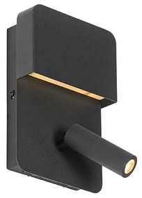 Candeeiro de parede preto com LED e porta USB e luz de leitura com interruptor - Robin