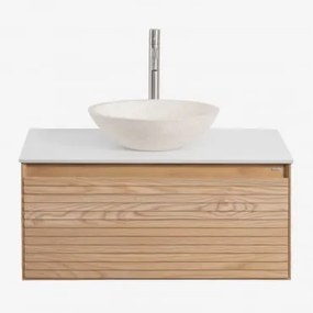 Conjunto De Móvel De Casa De Banho Em Madeira De Freixo Tedrik Castanho Fresno & Cimento Redondo Branco Ø40 Cm Zavion & Sem Espelho - Sklum