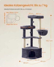 Arranhador para gatos 48,5 x 48,5 x 140,7 cm com uma grande caverna e várias áreas para brincar e descansar cinzento escuro