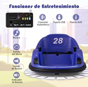 Carrinho de choque para crianças a bateria 6V com luzes LED, conexão sem fio, música e som, rotação de 360°, Púrpura