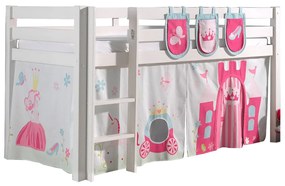 Conjunto Cama alta de Criança PINO 90 x 200 cm + estrado + escada + cortina + 3 bolsas Princesa Branca