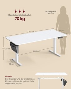 Secretária eléctrica regulável em altura 80 x 180 x (72-120) cm branco