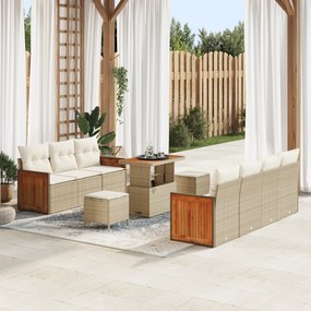 Conjunto de Sofá de Jardim de 10 Peças com Almofadas Rattan Bege e Acá