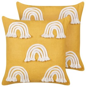 Conjunto de 2 almofadas decorativas com bordado de arco-íris em algodão amarelo 45 x 45 cm LEEA Beliani