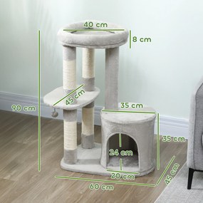 Arranhador  para gatos com torre de brincadeiras, arranhadores, plataforma, compartimentos abertos, bola e tecido felpudo, 60 x 45 x 90 cm, cinzento c