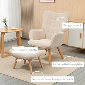 Poltrona com apoio para os pés, encosto alto, pernas de madeira e tecido com aspeto de veludo canelado, para sala de estar ou quarto, na cor bege