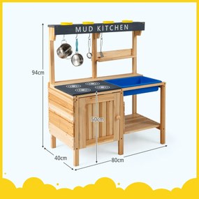 Cozinha de brincar em madeira 80 x 40 x 94 cm com lava-loiça, acessórios, 2 prateleiras e ganchos para crianças dos 3 aos 8 anos, natural