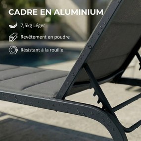 Espreguiçadeira em alumínio, encosto ajustável em 6 posições com rodas, estofamento integrado, 62 x 165 x 94 cm, cinzento escuro
