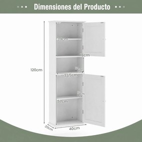 Armário de Parede para Casa de Banho, 40 x 20 x 120 cm, Prateleiras Ajustáveis, Branco