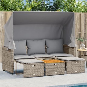 vidaXL Sofá de jardim de 3 lugares com toldo e bancos vime PE cinzento