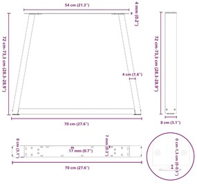 Pés para mesa de jantar em formato de V, 3 peças, aço natural, 70x(72-