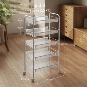 Carrinho cozinha Auxiliar com Rodas de 5 Níveis com Cestos de Malha Removíveis e Estrutura de Aço 45x26,5x106 cm Branco