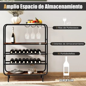 Garrafeira com capacidade para 16 garrafas 90 x 35 x 117 cm, 5 níveis e suportes para copos; Estrutura metálica industrial; prateleira de arrumação em