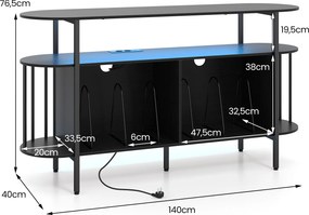 Móvel para Gira-Discos, 140 x 40 x 76,5 cm, Iluminação LED RGB, Preto
