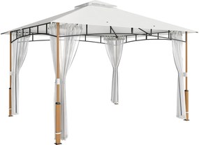 Outsunny Pérgola para Jardim 3x3,6 m com Telhado Duplo Paredes de Rede UPF50+ Estrutura Metálica Creme e Teca | Aosom Portugal