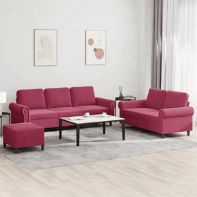 3 pcs conjunto de sofás com almofadões veludo vermelho tinto