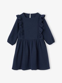 Agora -25% | Vestido com folhos, em gaze de algodão, para menina marinho