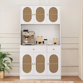Armário de cozinha 100 x 40 x 180 cm com Estação de carregamento 6 portas Rattan Estilo boho,  2 gavetas 4 prateleiras ajustáveis Branco e Natural