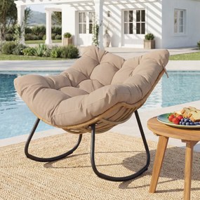 Cadeira de baloiço em forma de ovo para exterior, em rattan PE com almofada removível, estrutura metálica, oscilação de 25°, travões anti-capotamento,